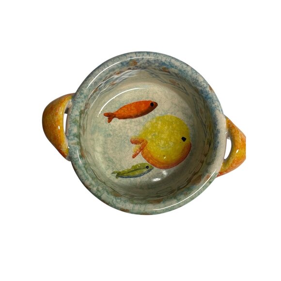 Hand Painted Ceramic Bowl With Fish Motif & Dual Handles Made In Italy - Picture 1 of 5
